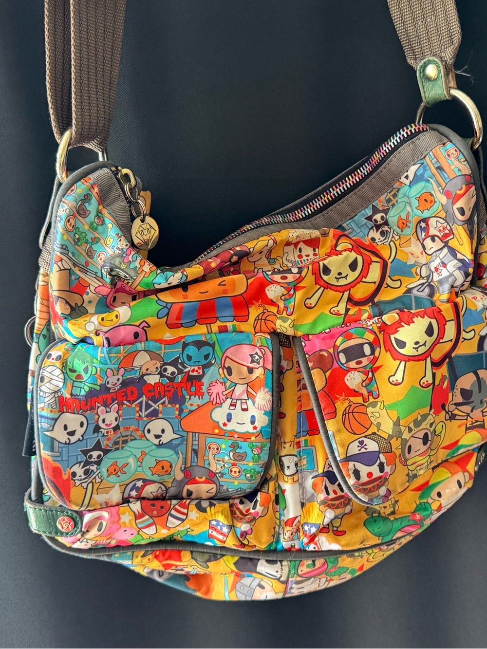 tokidoki VintageCrossbody Bag with Bright Orange Interior and Gray Trim